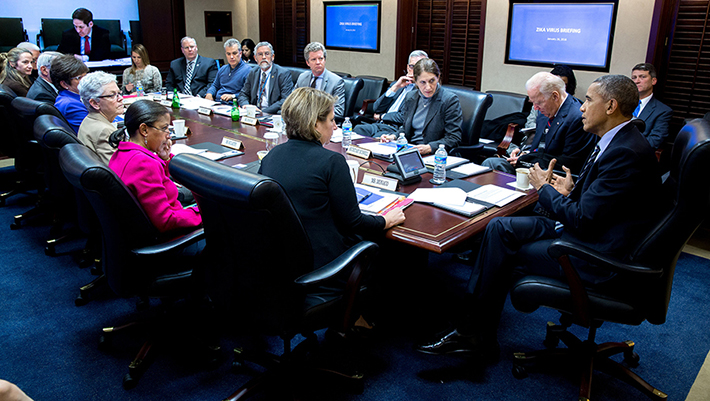 President Barack Obama convenes a meeting on the Zika virus in the Situation Room of the White House. Photo/Pete Souza/White House